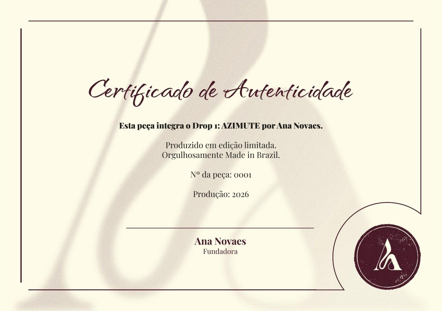 Certificado de autenticidade Ana Novaes